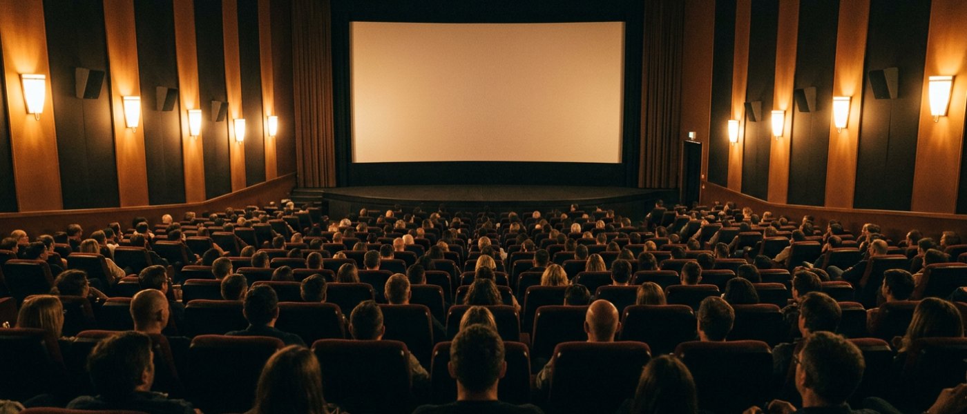 Illustration of a full auditorium seen from the back rows, every seat taken, facing a lit screen